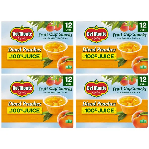 4 Pack - Del Monte Diced Peaches Fruit Cup Snacks in 100% Juice 12 4oz Cups Each Del Monte
